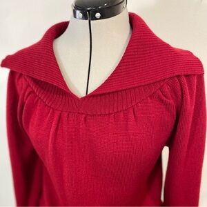 Vintage 70s 0s Dark Red Open Shawl Collar Sweater Pleated Yoke Romantic Whimsy S